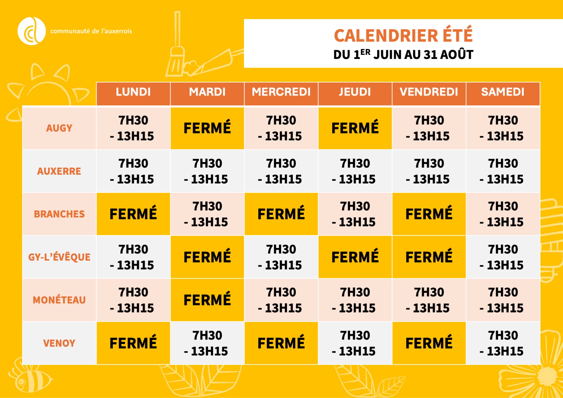 Horaires déchèteries été