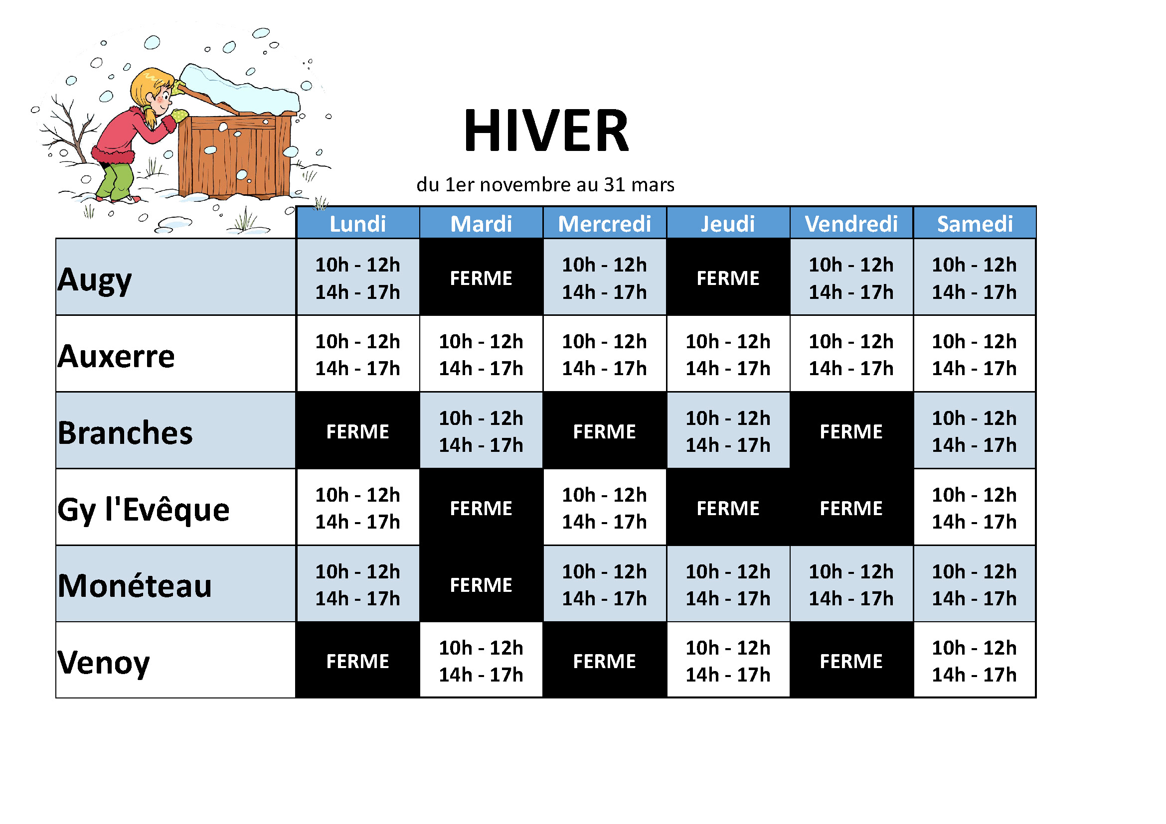 Horaires déchèteries hiver